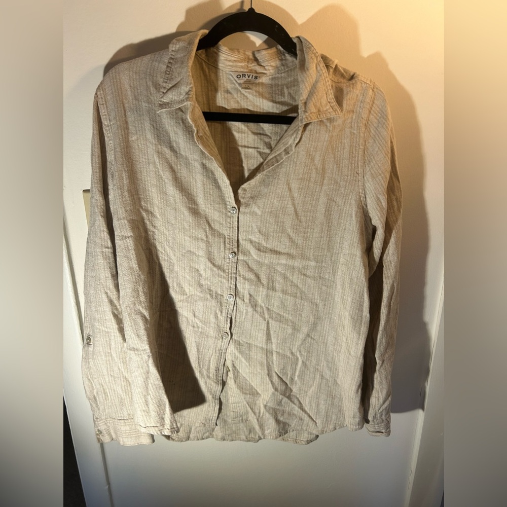 Tan and cream striped button up